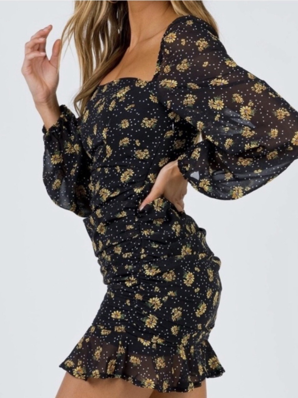 NWT Princess Polly Parvati Mini Dress Black Daisy Ruched Sheer Size 8